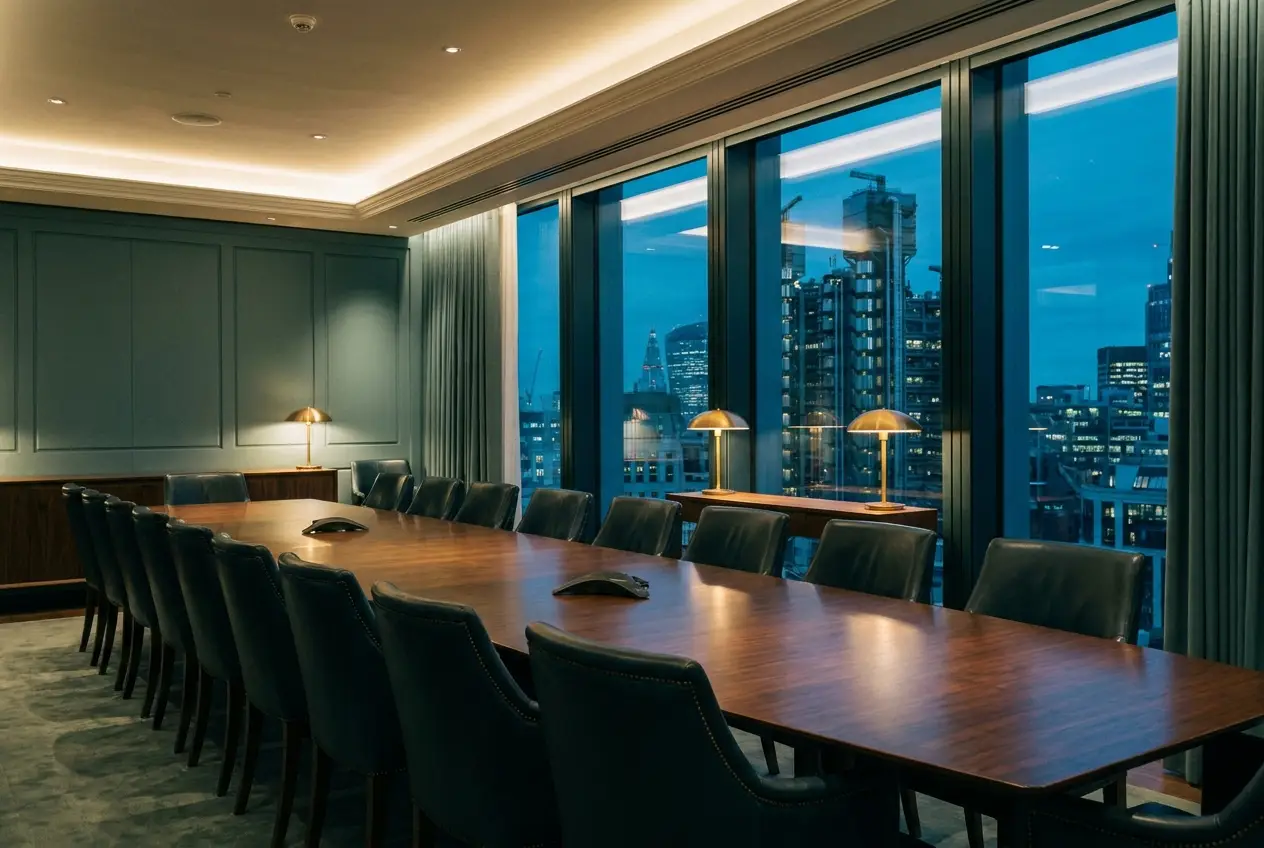 A private boardroom high in a City of London tower overlooking the skyline at dusk