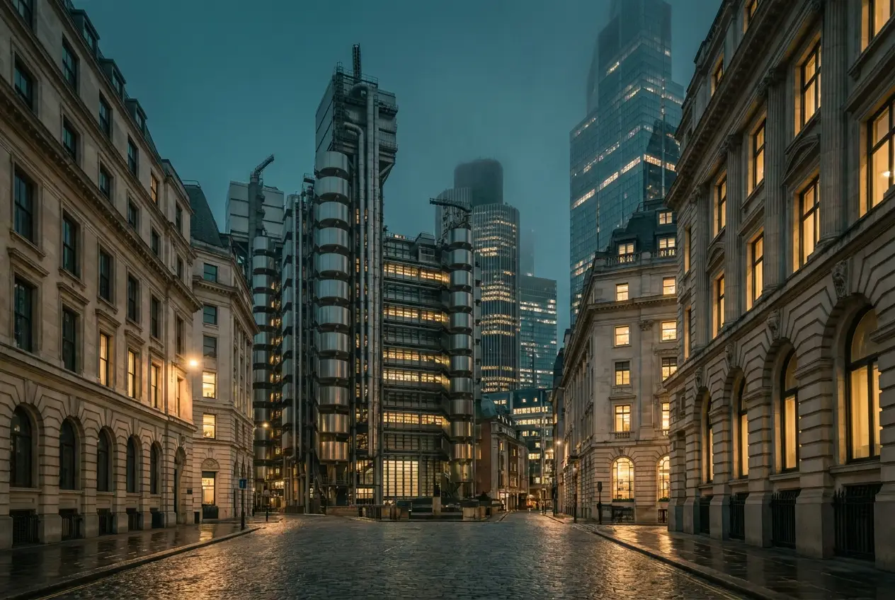 The City of London insurance district at dusk — the Lloyd's of London building