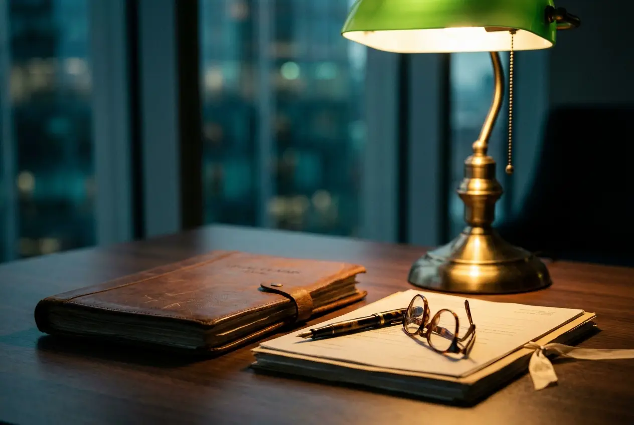 A legal claims file, fountain pen and reading glasses under a banker's lamp in a City office