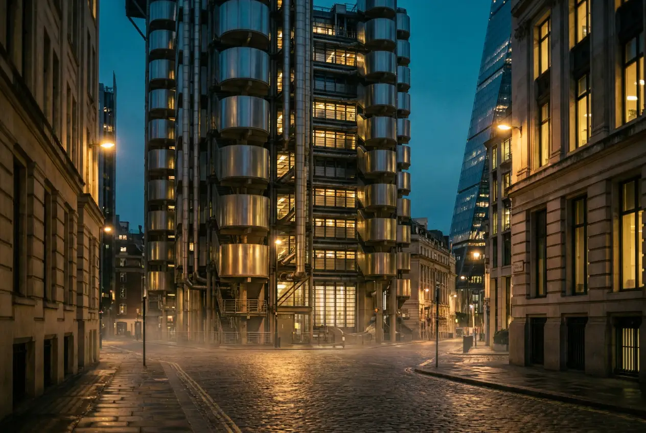 The Lloyd's of London building at dusk